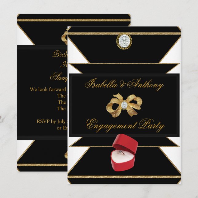 Invitation Fiançailles Gold Diamond Bague Rouge Black Party (Devant / Derrière)