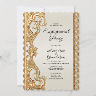 Invitation Fiançailles Gold Ornate White Pearls