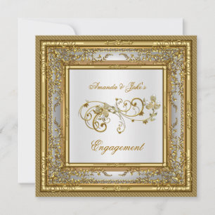 Invitation Fiançailles Gold White Damask Floral