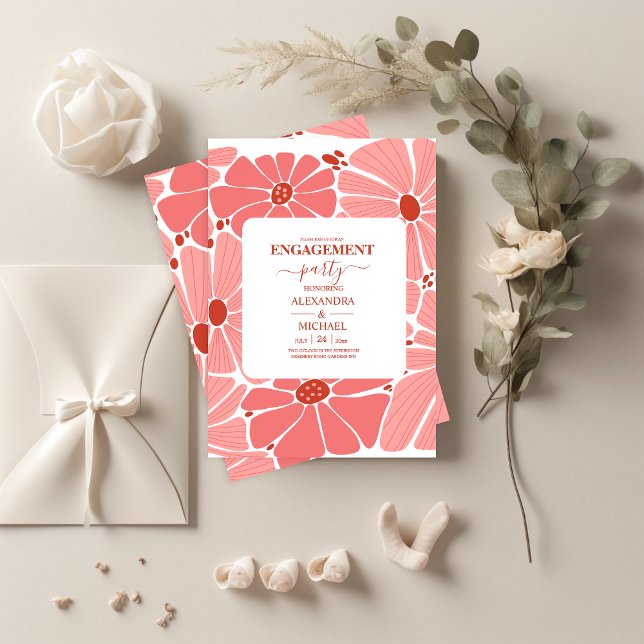 Invitation Fiançailles groovy modernes aux marguerites roses (Créateur téléchargé)