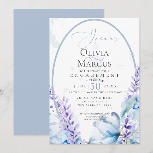 Invitation FIANÇAILLES | Lavande d'aquarelle - bleu poussiére (Devant / Derrière)