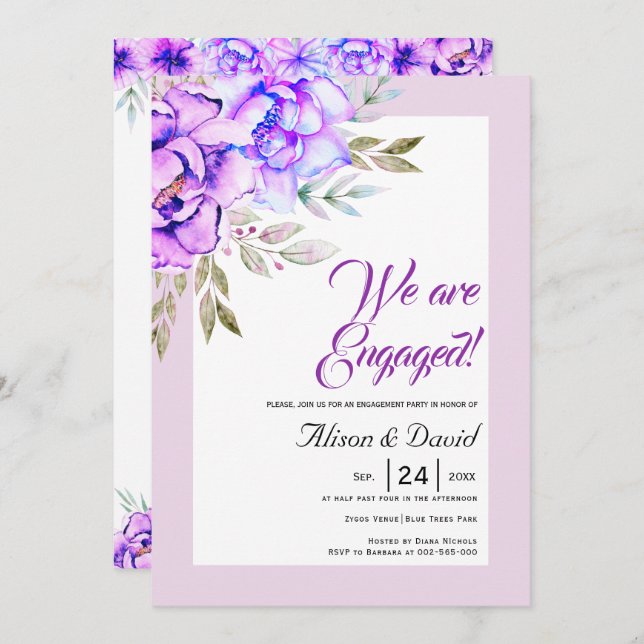 Invitation Fiançailles lilas de fleurs d'aquarelle violette (Devant / Derrière)