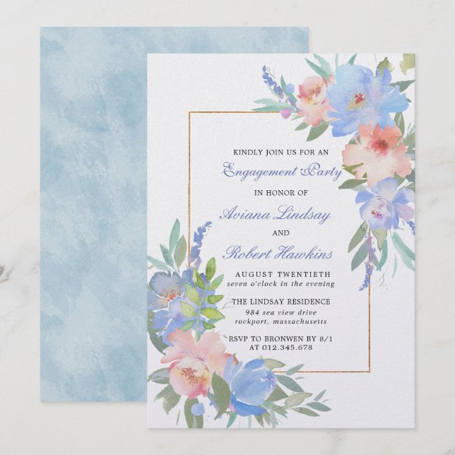 Invitation Fiançailles Mariage Pastel Pink Blue Floral (Devant / Derrière)