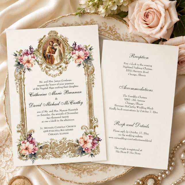 Invitation Fiançailles Marie Joseph Fleurs de mariage catholi (Créateur téléchargé)