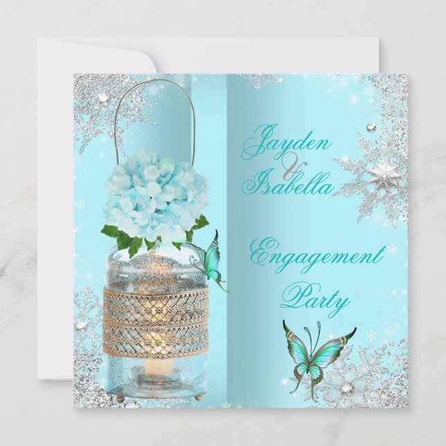Invitation Fiançailles Mason Jars Turquoise Blue Butterfly Pa (Devant)