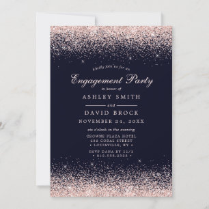Invitation Fiançailles modernes bleu marine confettis or rose