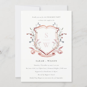 Invitation Fiançailles Monogram Crest Fleur sauvage rose pâle