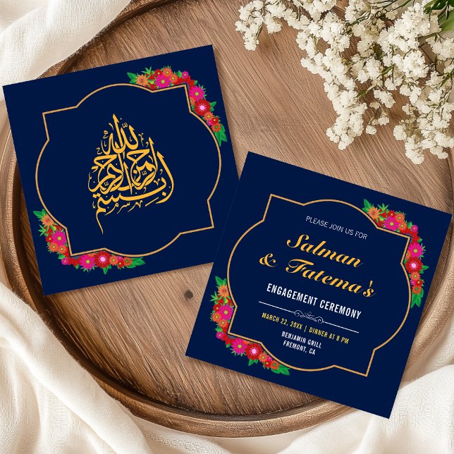 Invitation Fiançailles musulmanes islamiques à fleurs bleu fo (Créateur téléchargé)