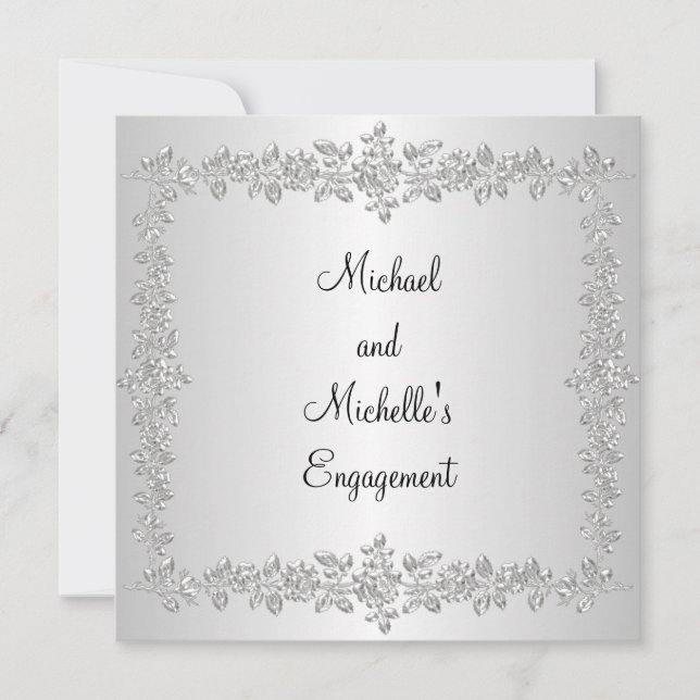 Invitation Fiançailles Noir Blanc Roses Métal Argenté (Devant)