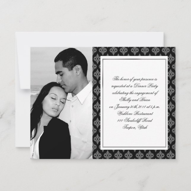 Invitation Fiançailles noir et gris de mariage damassé de (Devant)