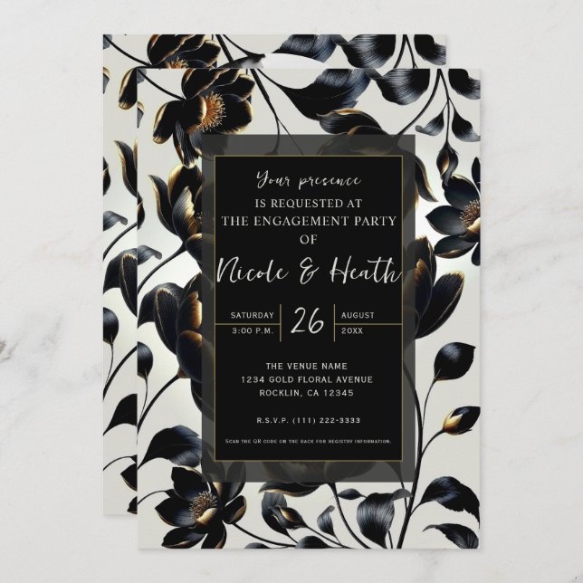 Invitation Fiançailles noir & or Floral Greige (Devant / Derrière)