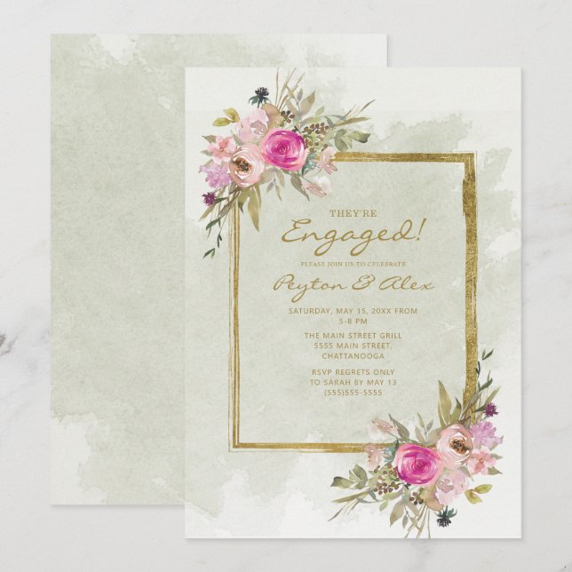 Invitation Fiançailles Or Feuilles de Sauge Vert Rose Violet (Devant / Derrière)