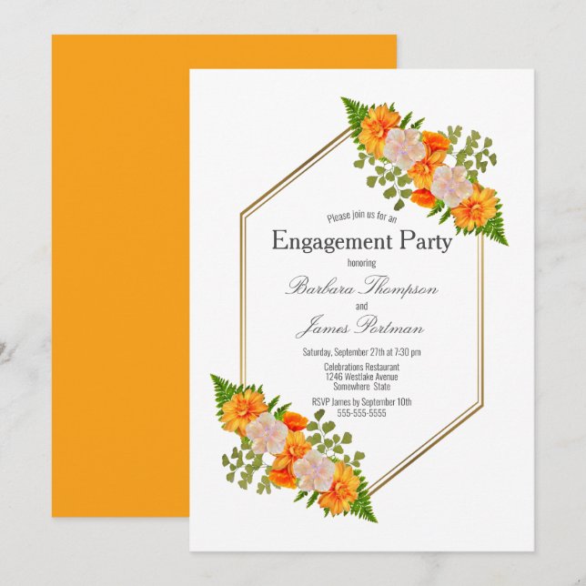Invitation Fiançailles Orange Floral Gold Frame (Devant / Derrière)