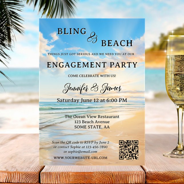 Invitation Fiançailles photo Bling and Beach (Modern engagement party invitation featuring a watercolor painting of a beach on a beautiful day)