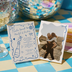 Invitation Fiançailles photo retro bleu français illustré