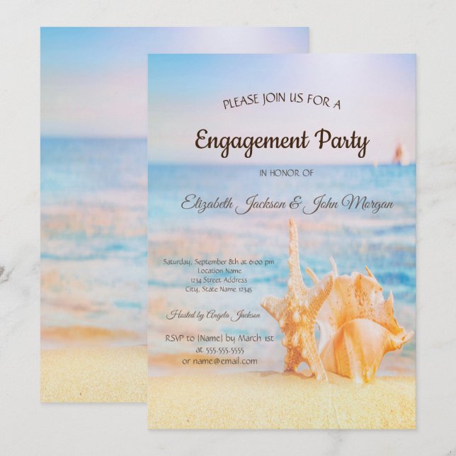 Invitation Fiançailles Plage, Étoile de mer, Coquillage (Devant / Derrière)