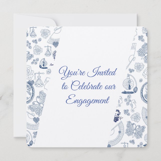 Invitation Fiançailles Romance Vintage Bleu (Devant)