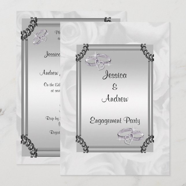Invitation Fiançailles Roses Blanches & Bagues de Mariage Dia (Devant / Derrière)
