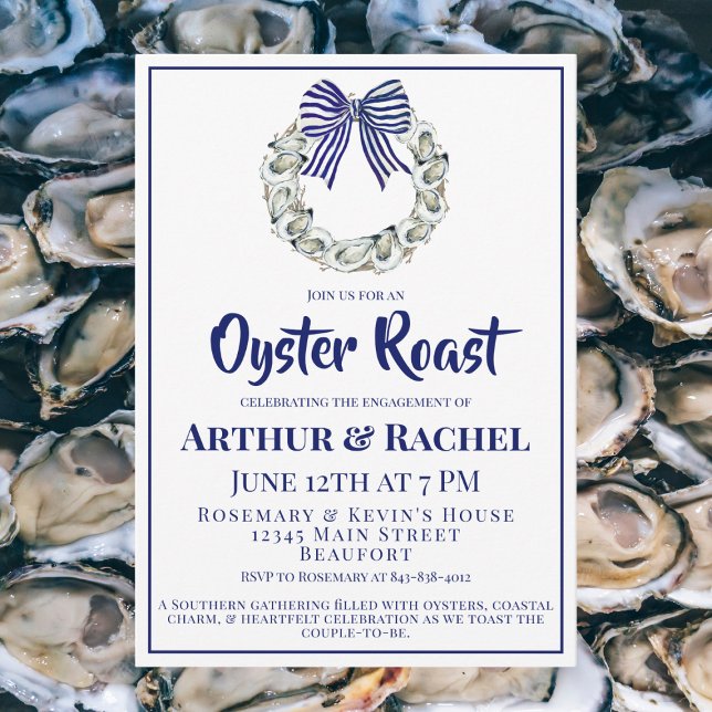 Invitation Fiançailles Ruban rayé bleu de l'Oyster Wreath (Créateur téléchargé)
