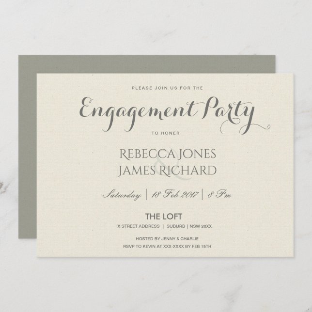 INVITATION FIANÇAILLES SIMPLE ÉLÉGANT DE TYPOGRAPHIE GRIS (Devant / Derrière)