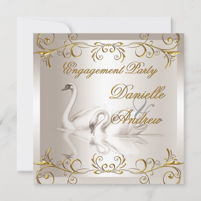 Invitation Fiançailles Swans Gold Sepia Elegance Party (Devant)
