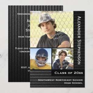 Invitation Fibre de carbone noire 3 Photo Boys Graduation