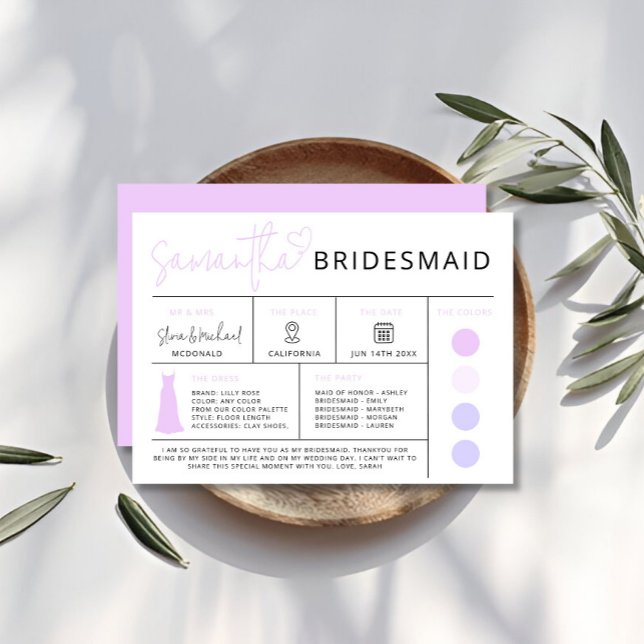 Invitation Fiche d'information de la femme de chambre pourpre (Purple Bridesmaid Info Card, Bridal Party Guide Invitation)