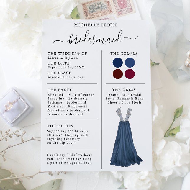 Invitation Fiche Info Bridesmaid Détails Marine & Bourgogne (Créateur téléchargé)