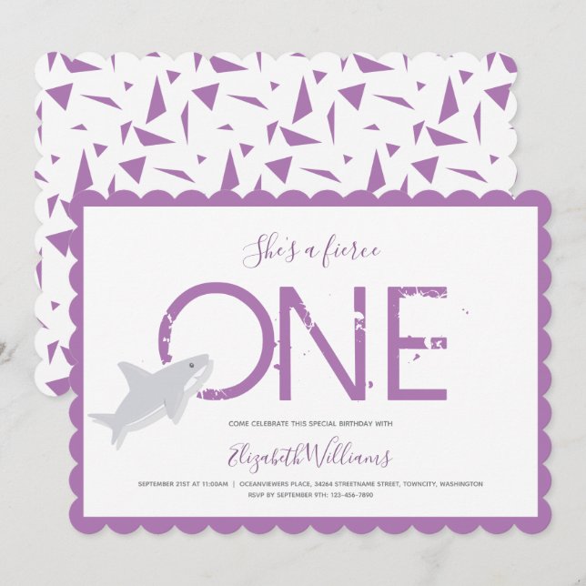 Invitation Fierce One Purple Requin Animal Premier Anniversai (Devant / Derrière)