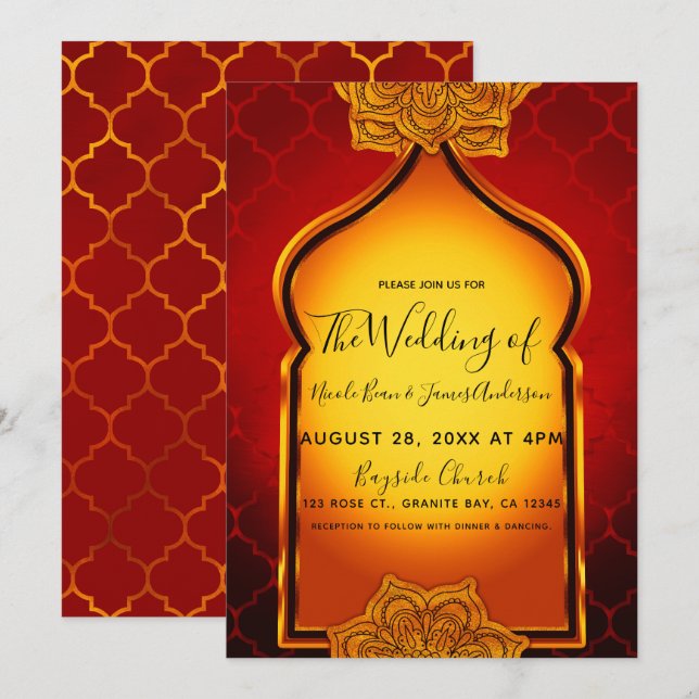 Invitation Fiery Red Gold Royal Indian Arabe Mariage à thème (Devant / Derrière)