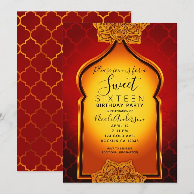 Invitation Fiery Red Gold Royal Indian Arabian Sweet 16 Party (Devant / Derrière)