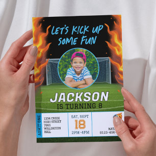 Invitation Fiery Soccer Thème Garçons Photo Anniversaire