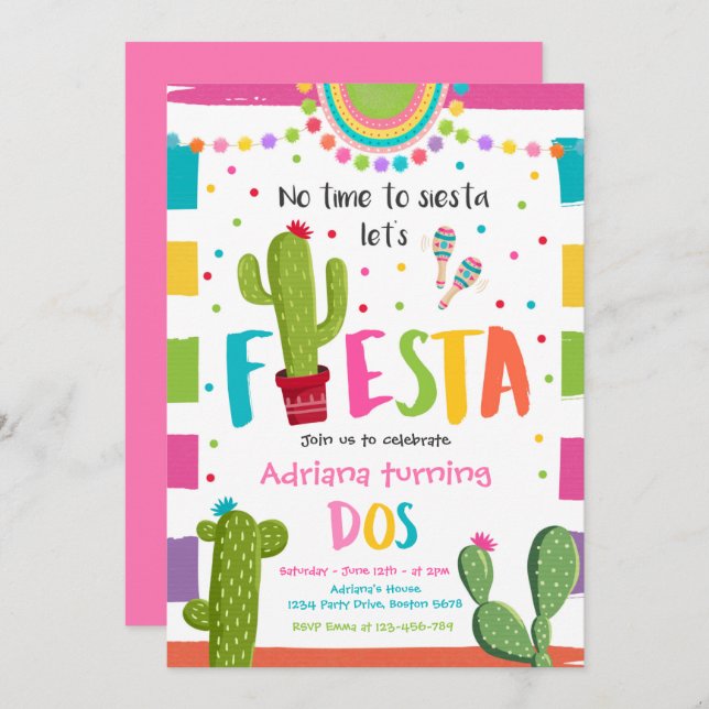 Invitation Fiesta 2e fête d'anniversaire Mexicaine Cactus Par (Devant / Derrière)