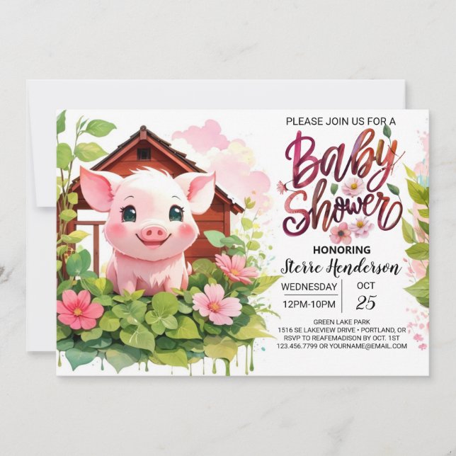 Invitation Fiesta agricole au Baby shower rose de Piggy (Devant)