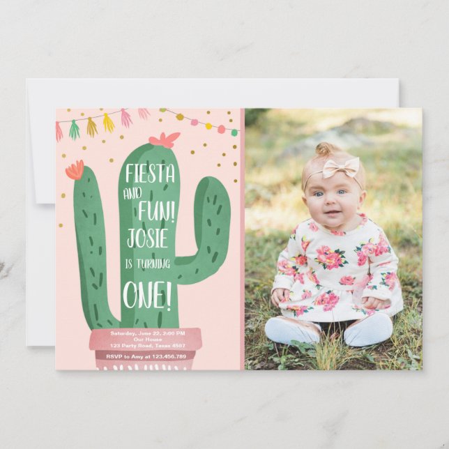 Invitation Fiesta and Fun Girl Pink Cactus 1er anniversaire (Devant)