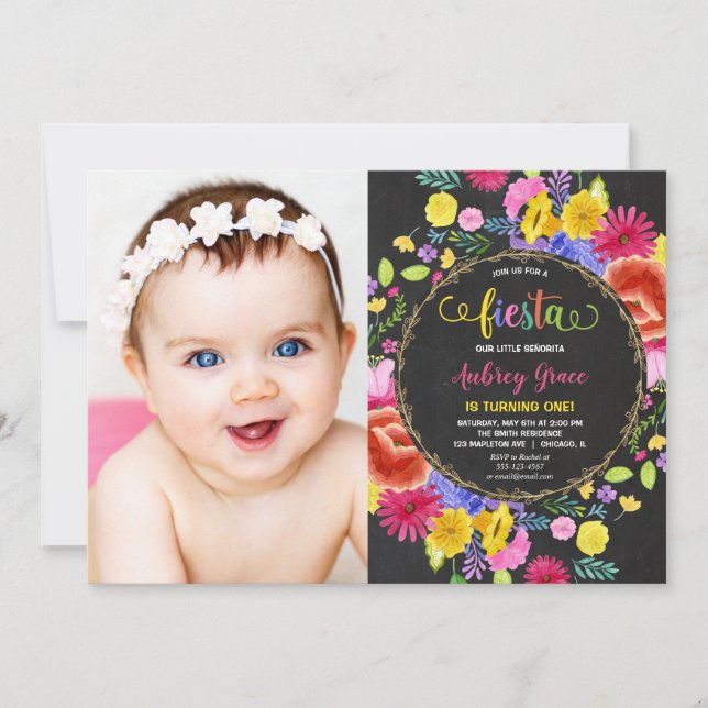 Invitation Fiesta anniversaire fille aquarelle florale photo (Devant)