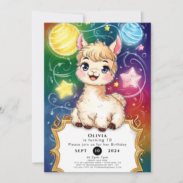 Invitation Fiesta Aquarelle Llama Anniversaire (Devant)