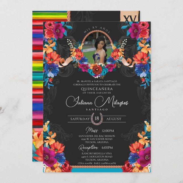 Invitation Fiesta Bright Floral et Serape Charro Quinceanera (Devant / Derrière)
