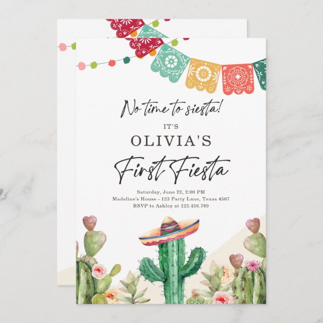 Invitation Fiesta Cactus Aquarelle fille premier anniversaire (Devant / Derrière)