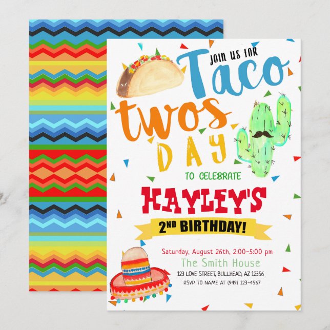 Invitation Fiesta colorée Aquarelle Taco Party 2e anniversair (Devant / Derrière)
