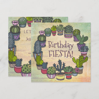 Invitation Fiesta colorée d'anniversaire de cactus