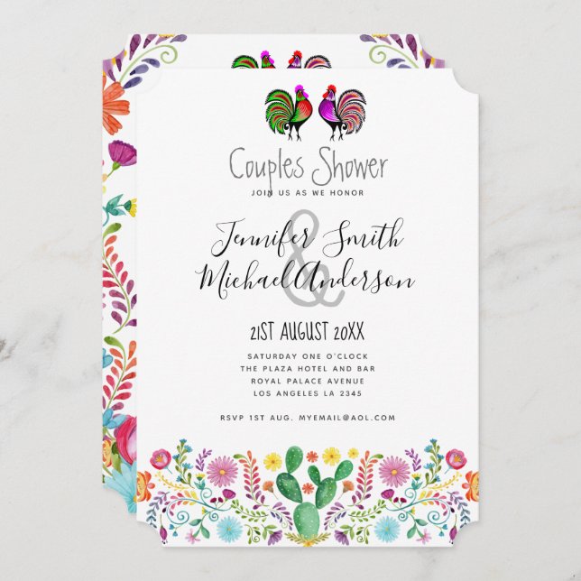 Invitation Fiesta Couples Douches Folk Art Flowers (Devant / Derrière)