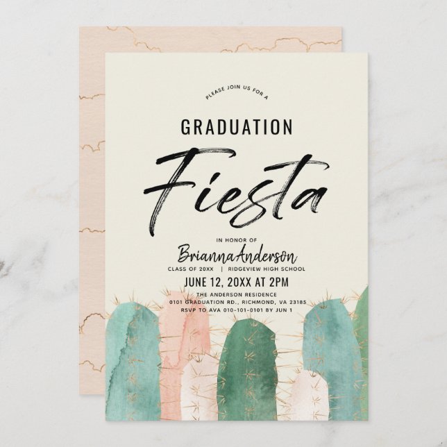 Invitation Fiesta de graduation de Cactus rose (Devant / Derrière)