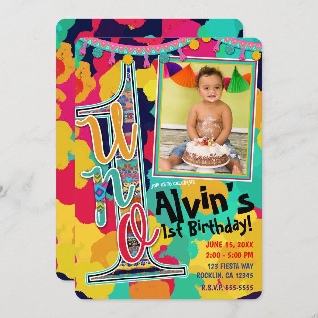Invitation Fiesta de peinture colorée UNO 1er anniversaire de (Devant / Derrière)