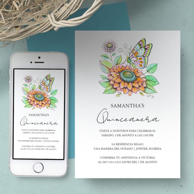Invitation Fiesta de Quinceañera con Tema de Mariposas (Quinceanera invitations designed with butterfly art by Victoria Grigaliunas of Do Tell A Belle)