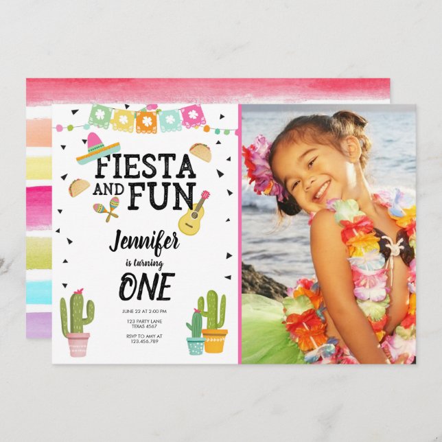 Invitation Fiesta et Fun Cactus Mexicaine Fille Premier anniv (Devant / Derrière)