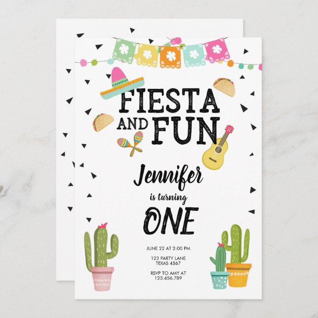 Invitation Fiesta et Fun Cactus premier anniversaire de la Me (Devant / Derrière)