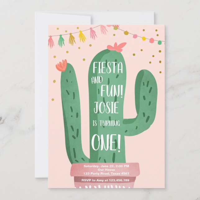 Invitation Fiesta et Fun Girl Pink Cactus 1er anniversaire (Devant)