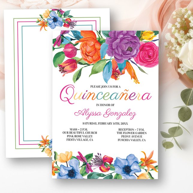Invitation Fiesta Fleurs Blanc Coloré Floral Quinceanera (Mass & Quinceanera Invitation from my Fiesta Flowers Quinceanera Collection)
