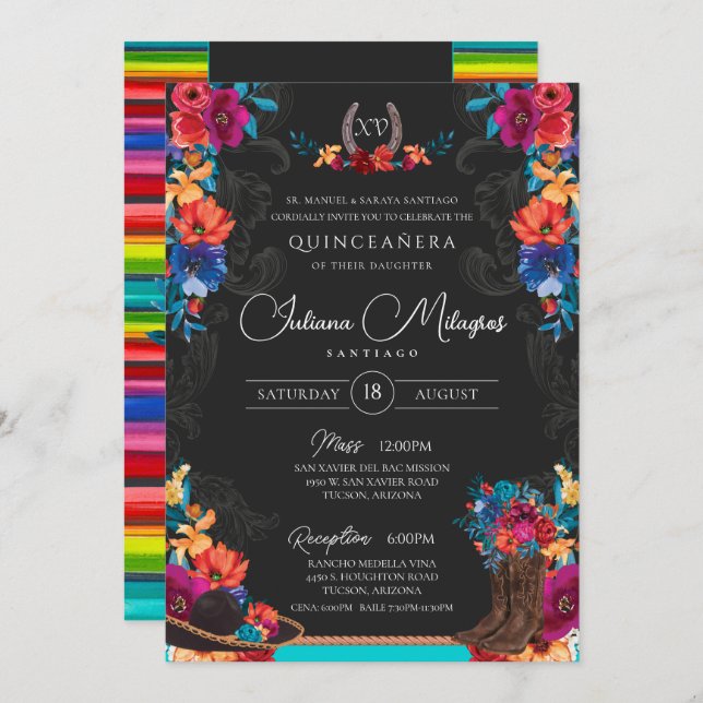 Invitation Fiesta Floral Charro mexicaine Photo Quinceanera (Devant / Derrière)